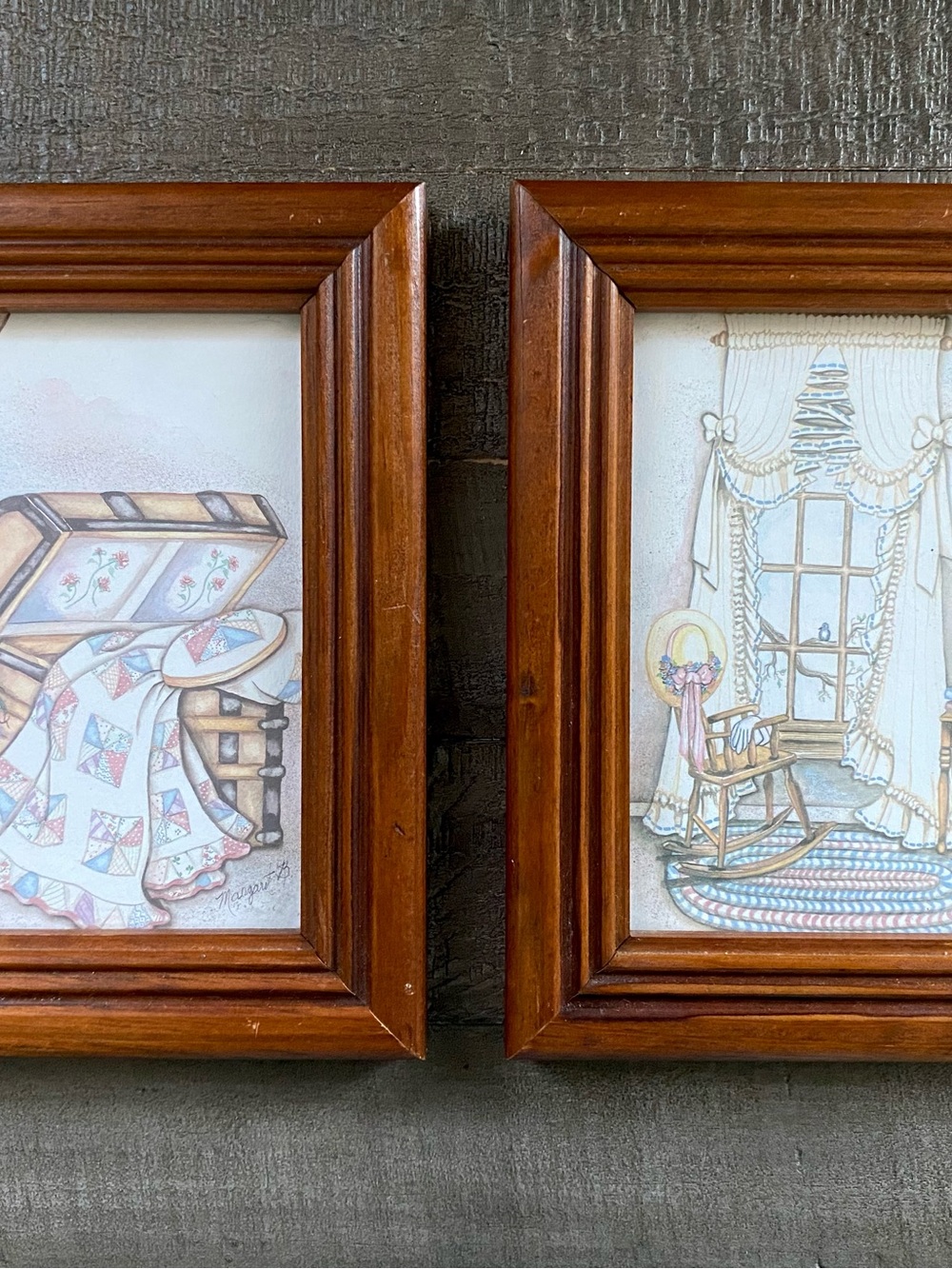 Vintage Primitive/Rustic/Cottagecore Home Scene Prints Wood Frame Wall Decor 90s
